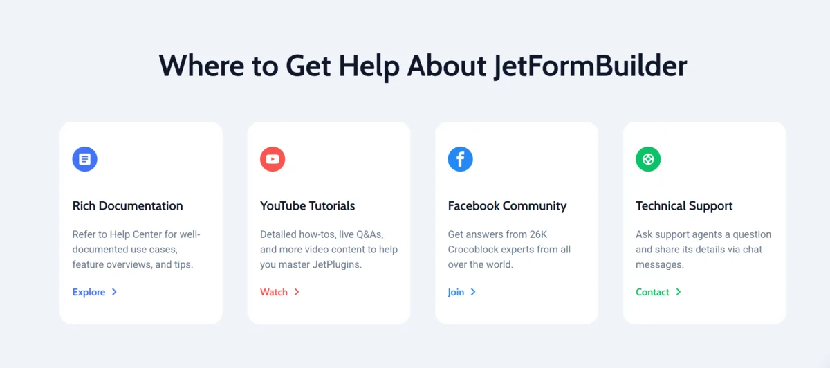 The JetFormBuilder Support page from the developer website.