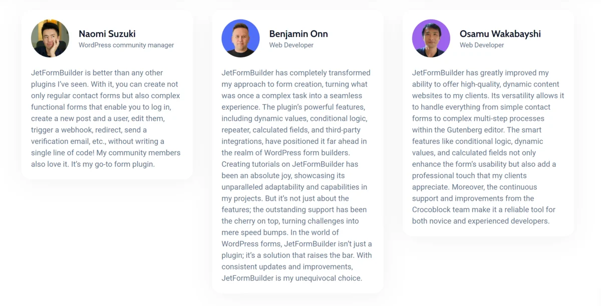 A section from the JetFormBuilder website showing user testimonials.