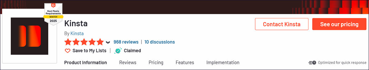 The Kinsta reviews header on the G2 website.