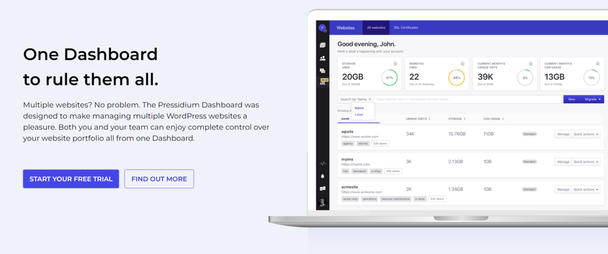 The Pressidium managed hosting dashboard page.