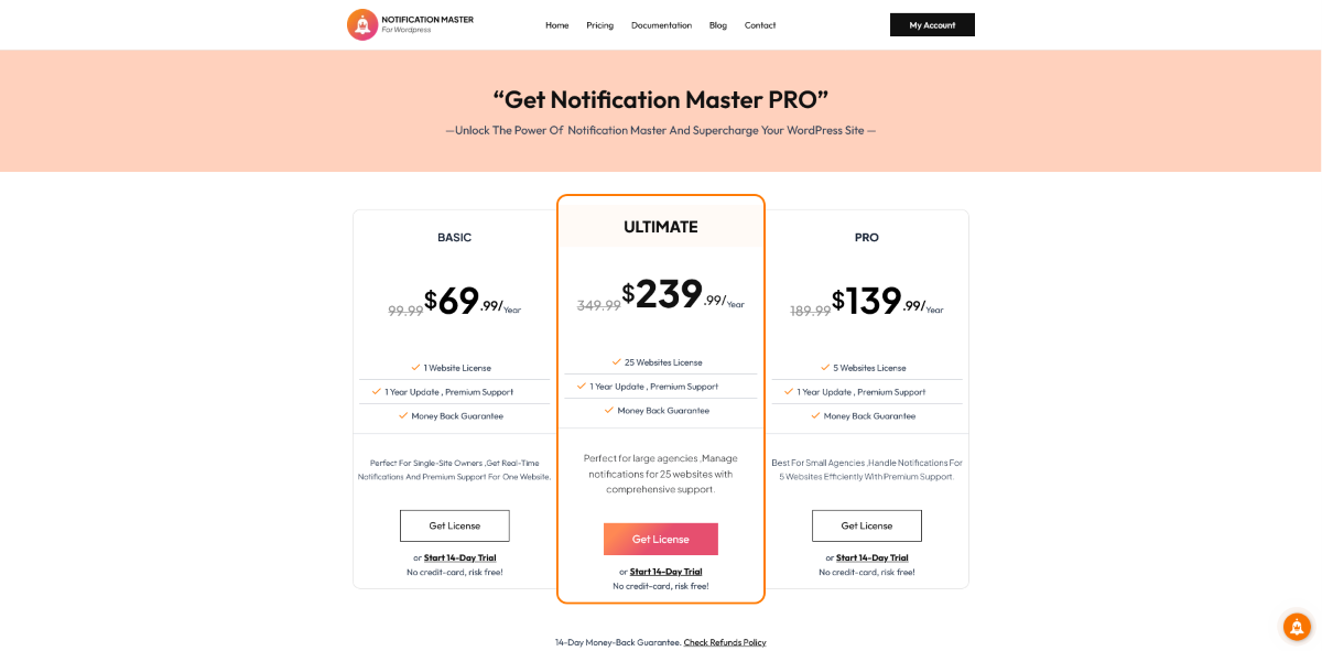 The Notification Master Pricing screen.
