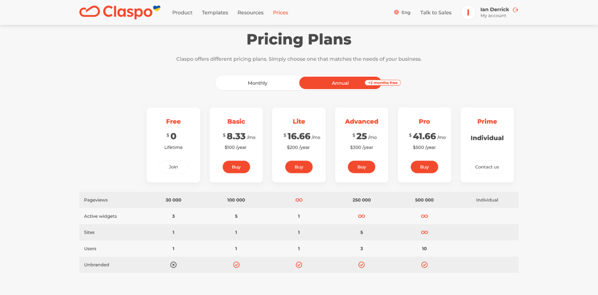 The Claspo pricing page.