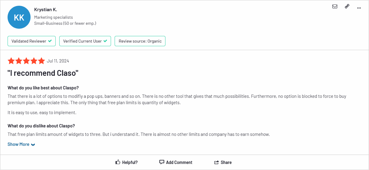 A Claspo review from the Capterra website.