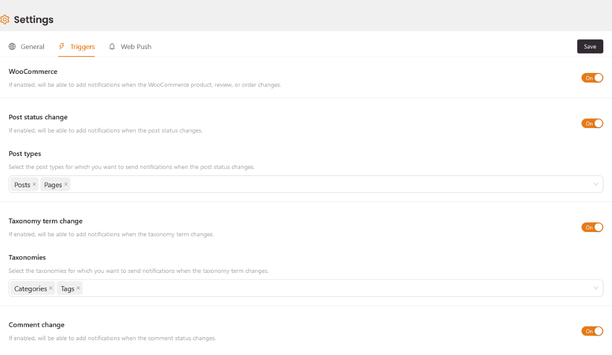 The Notification Manager Triggers settings.