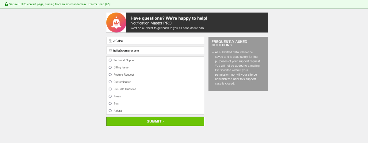 A customer support form within Notification Master.