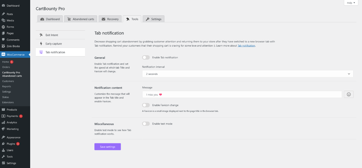 CartBounty Tab Notification Feature