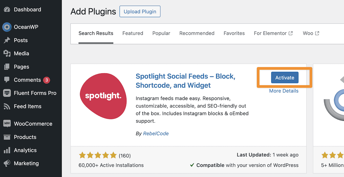 The Spotlight plugin card highlighting the Activate button.