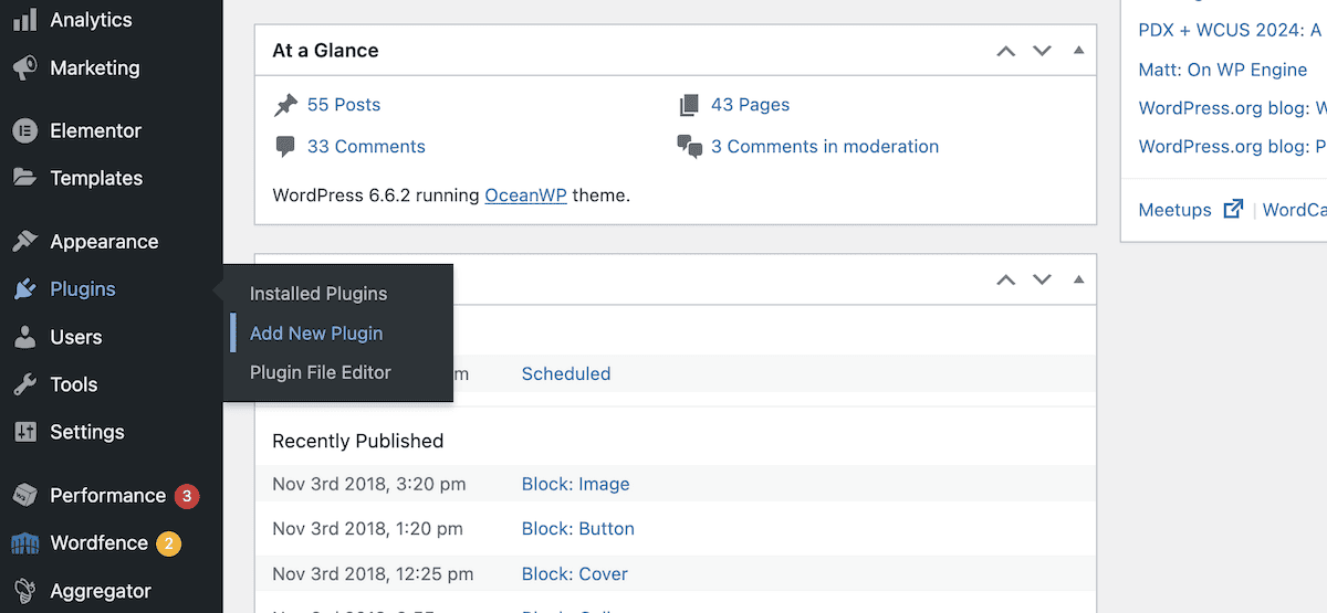 The WordPress dashboard showing the Add New Plugin link.