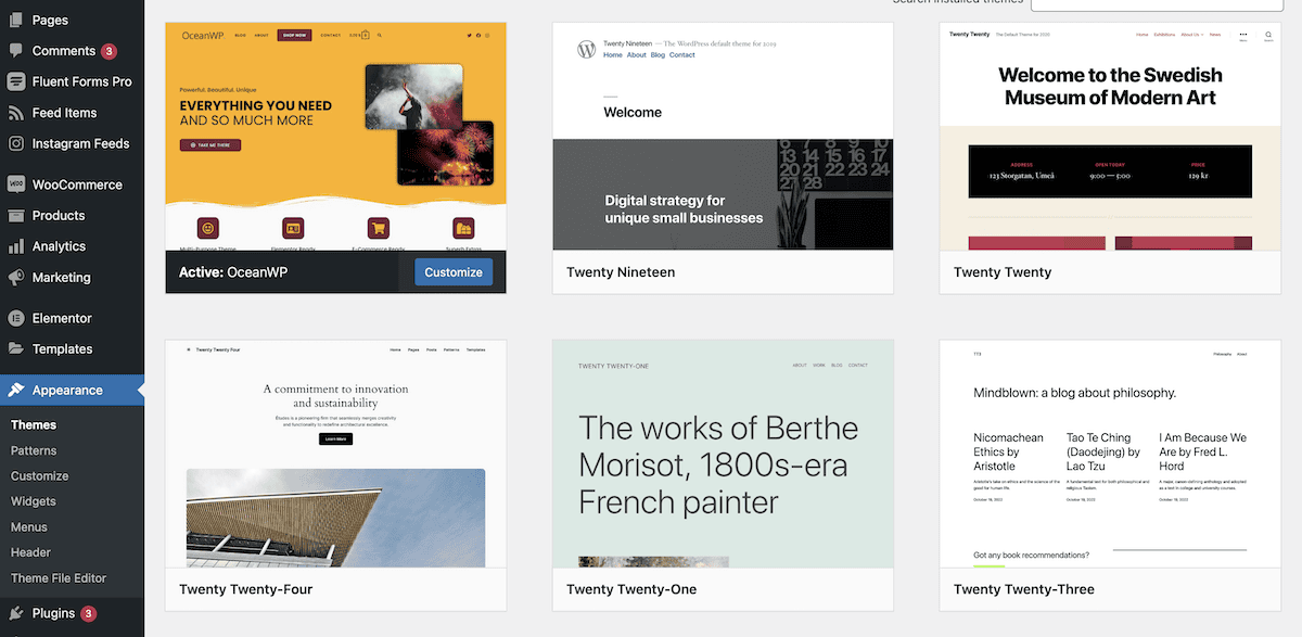 The Themes list screen within WordPress.