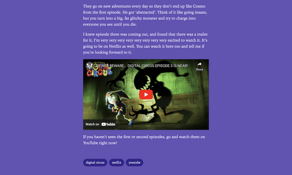 The Bag Blog site, showing a purple background and content including a video embed.