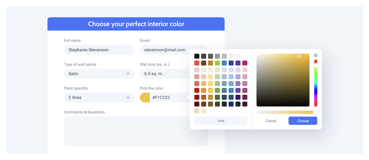 JetFormBuilder's front end color picker tool.