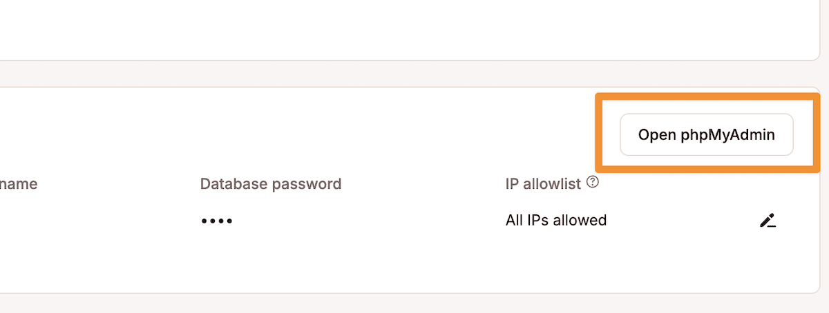 The MyKinsta dashboard showing the Open phpMyAdmin link.