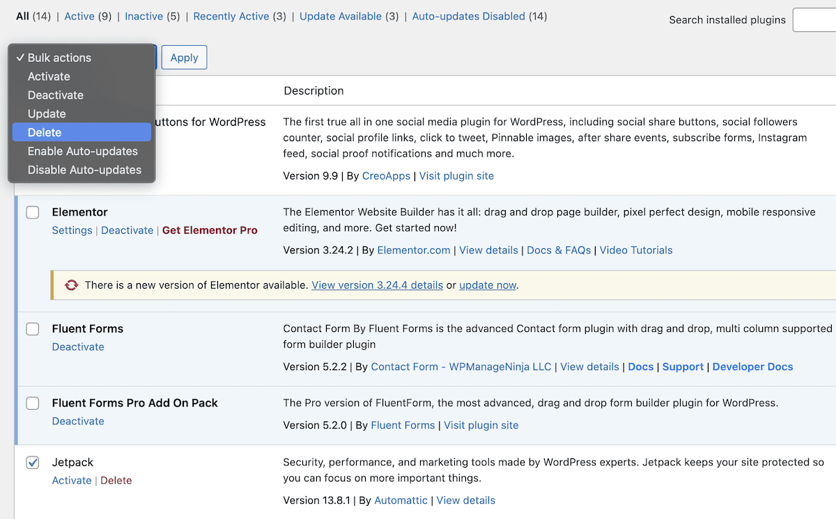 The Installed Plugins list within WordPress, showing the Bulk Actions drop-down, which includes the Delete button.