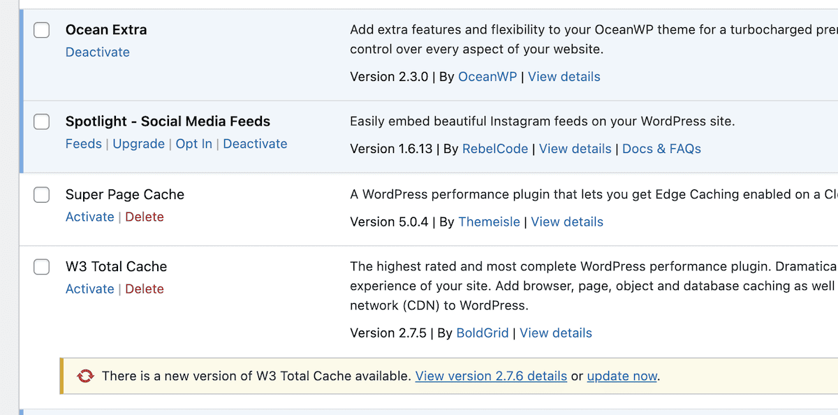 Part of the Installed Plugins screen within WordPress, showing links to Activate and Delete a plugin.