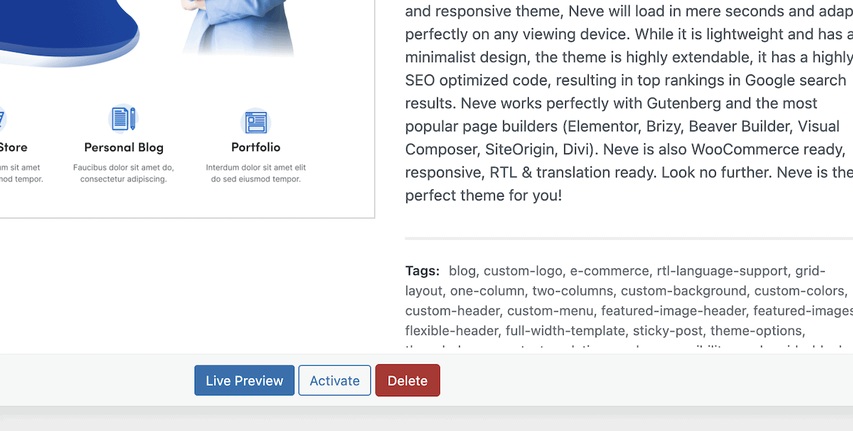 The Theme Details panel for one theme, showing a button to Delete it from WordPress.