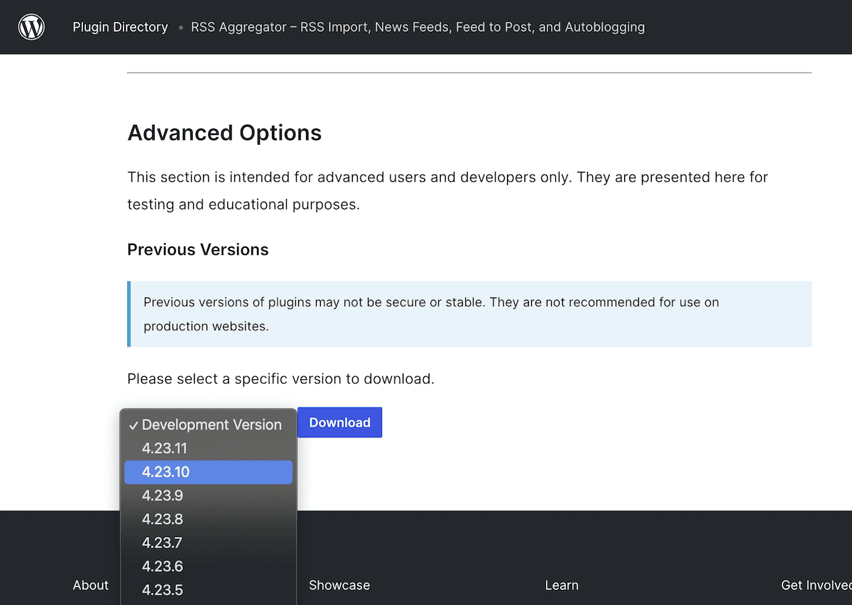 The WordPress Plugin Directory, showing one plugin's previous development versions available for download.