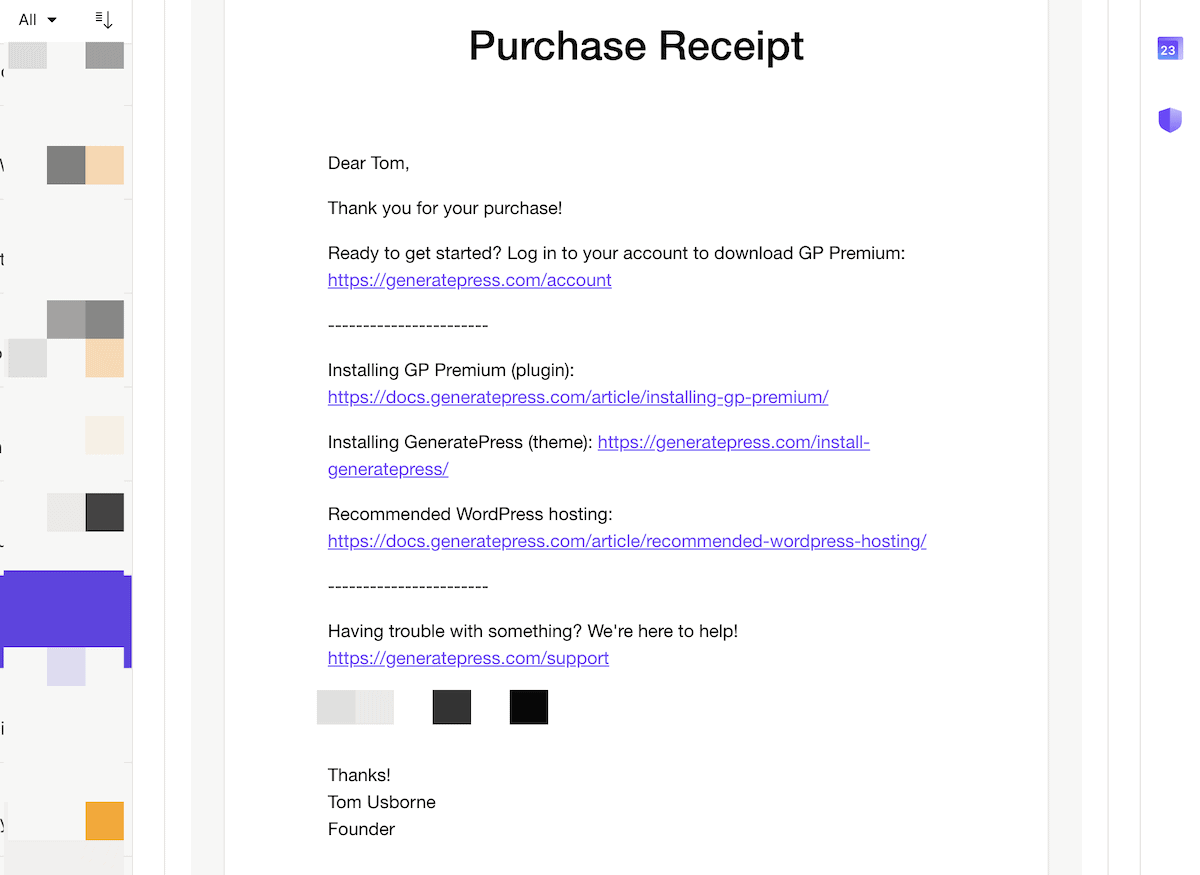 A purchase receipt for a theme, showing how to download its files.