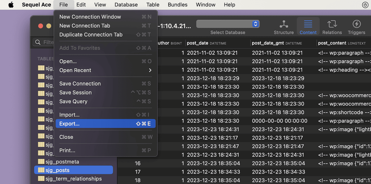 The SequelAce app showing the File > Export menu item.