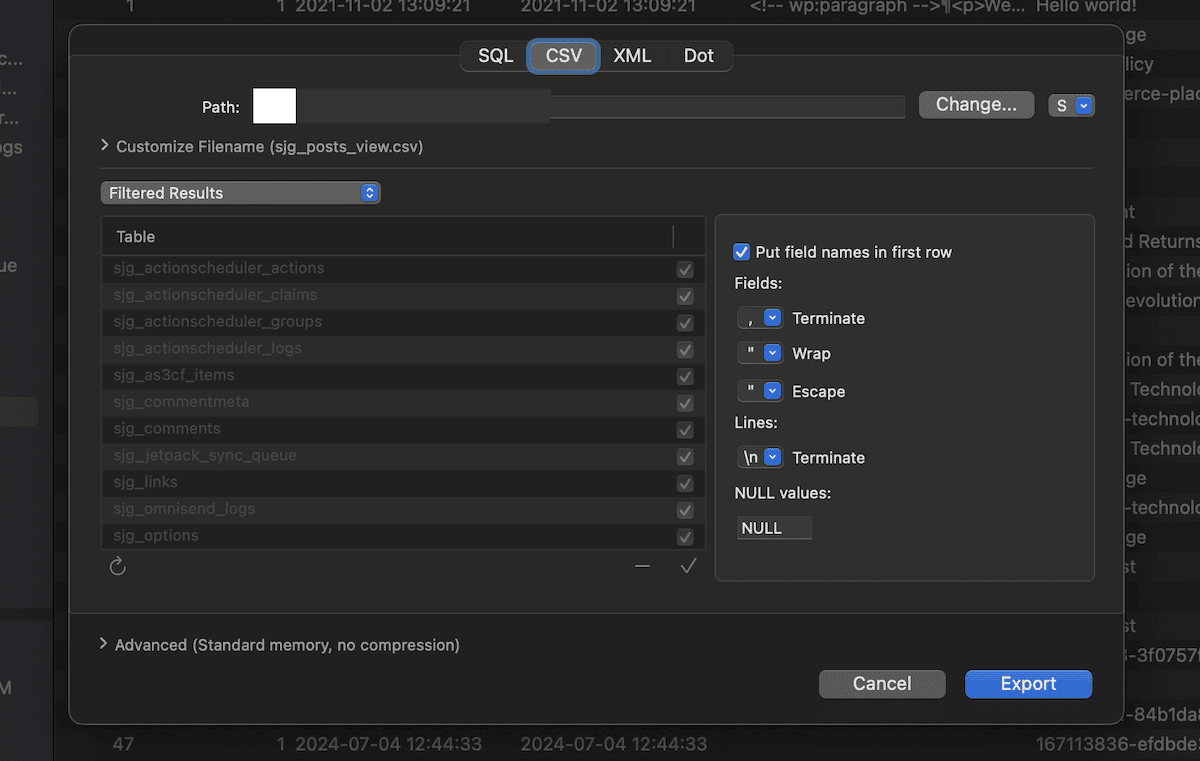 The SequelAce export dialog.