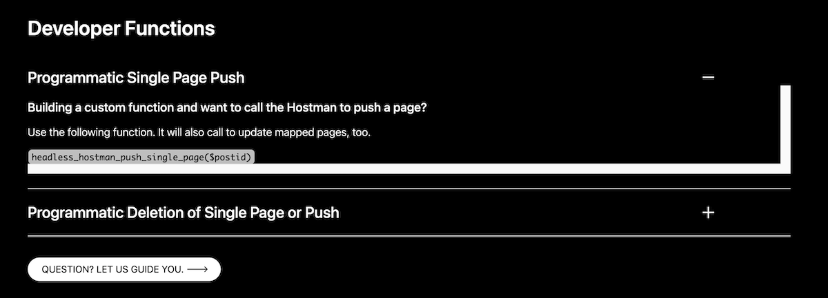 The Developer Functions section of the Headless Hostman management panel.