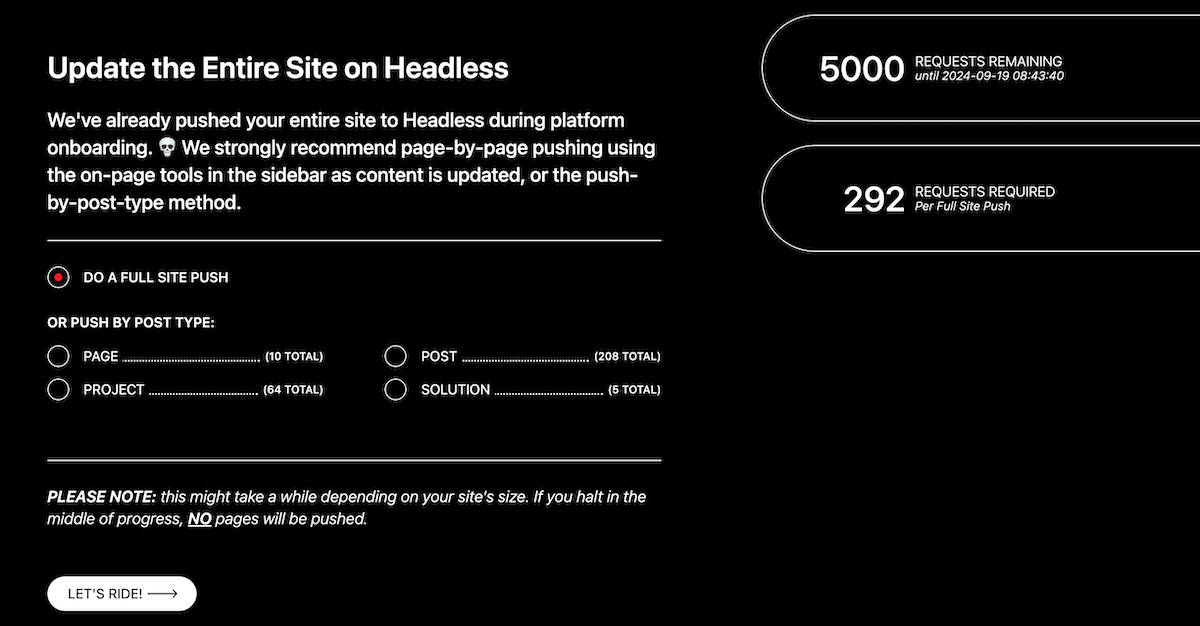 Push your entire site live or push specific posts types live.