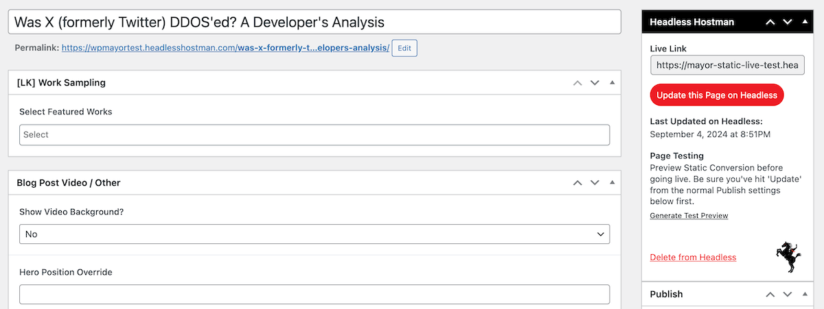 The Page Editor screen within Headless Hostman.