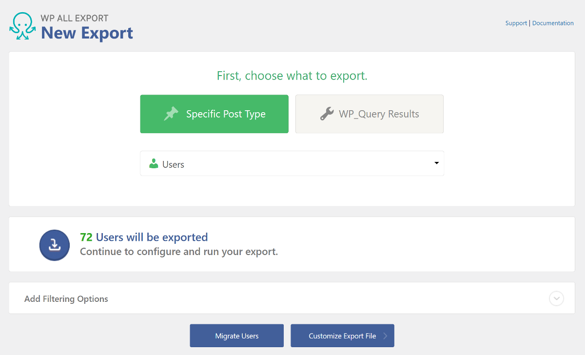 A new export dialog within the WP All Export plugin.