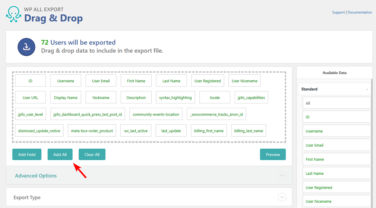 The drag-and-drop interface for WP All Export showing the Add All data fields button.