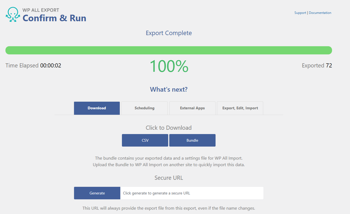 The Confirm and Run screen within WP All Export, showing two buttons to download the user data.
