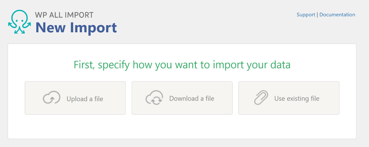 The New Import dialog within the WP All Import plugin.