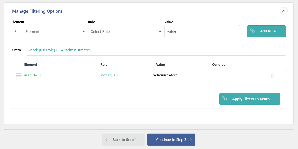 The Manage Filtering Options dialog screen within WP All Import.