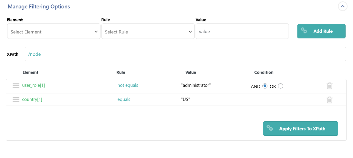 Using AND or OR conditions within the filtering options of WP All Import.