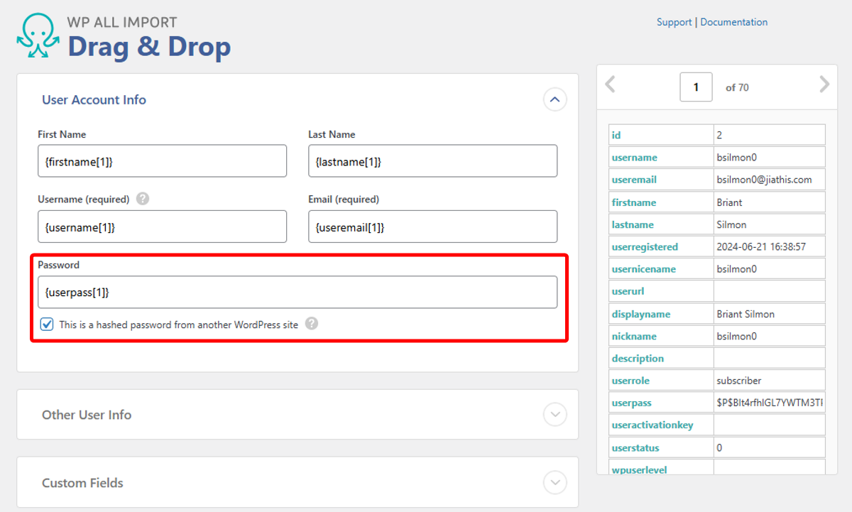 The Drag and Drop dialog in WP All Import highlighting the Password field and associated mapping.