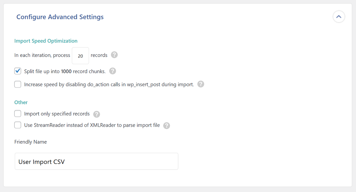 The Configure Advanced Settings screen within WP All Import.