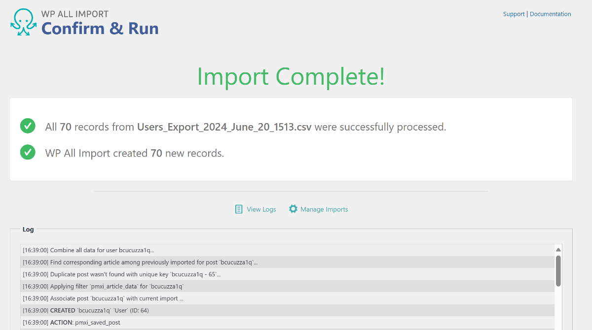 The Import Complete! notification within WP All Import's Confirm and Run page.