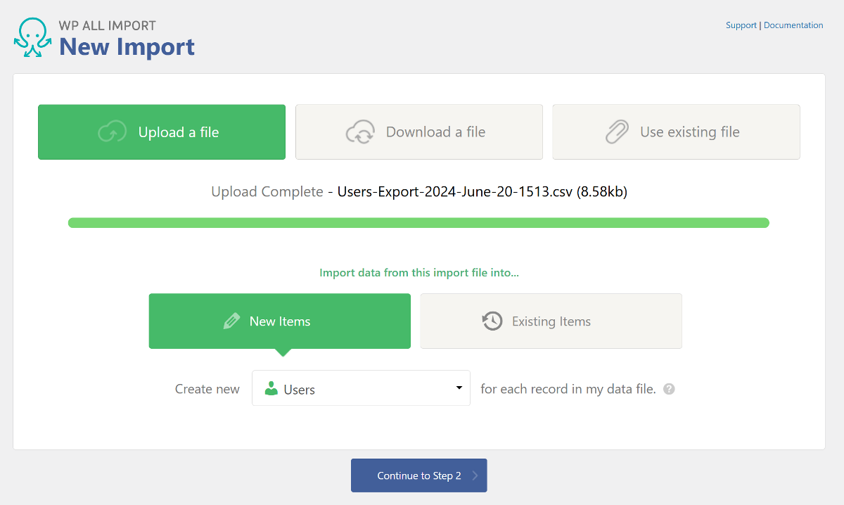 The WP All Import screen showing the New Import dialog.
