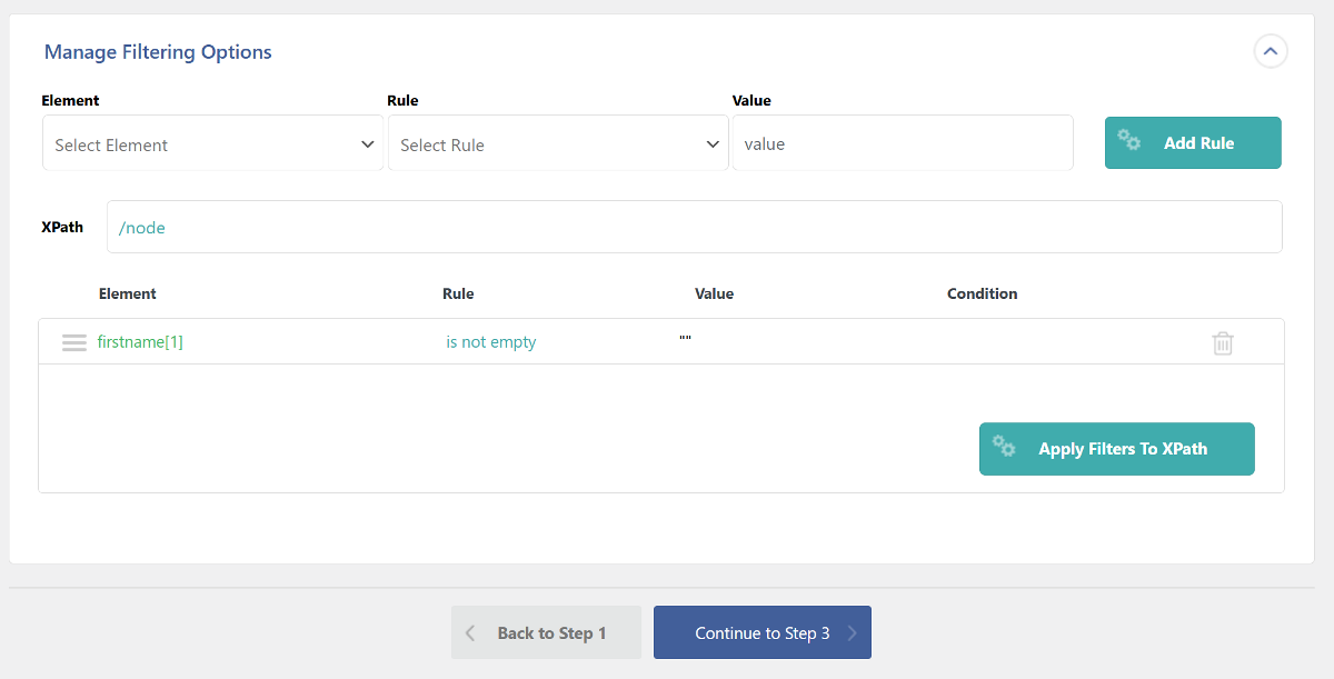 The Manage Filtering Options dialog within WP All Import.
