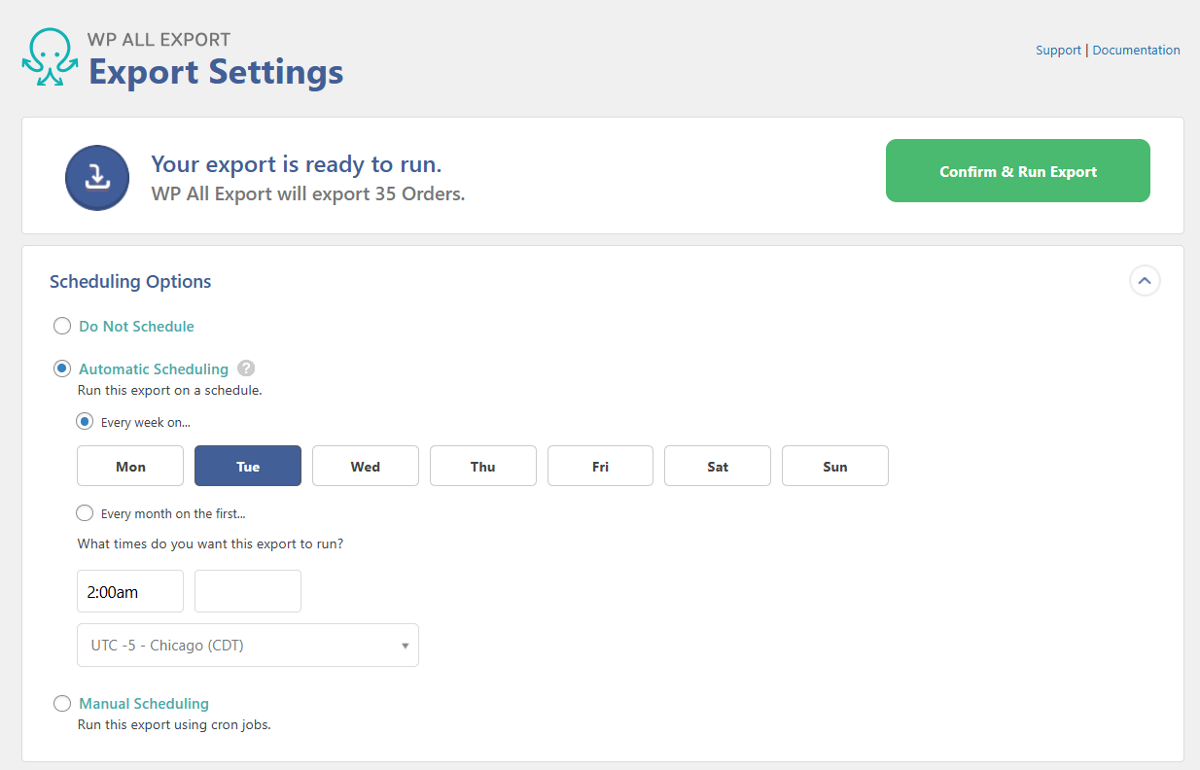 The WP All Export settings screen, showing automatic scheduling options.
