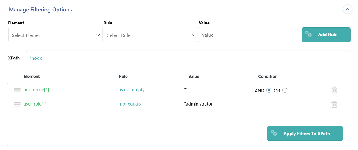 The Manage Filtering Options dialog within WP All Import showing conditional logic for the first_name element.