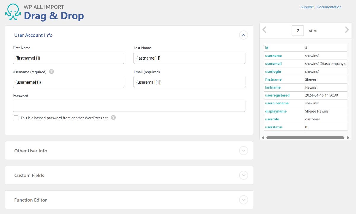 The WP All Import Drag and Drop dialog screen, showing available fields on the right, and the user account info panel on the left.