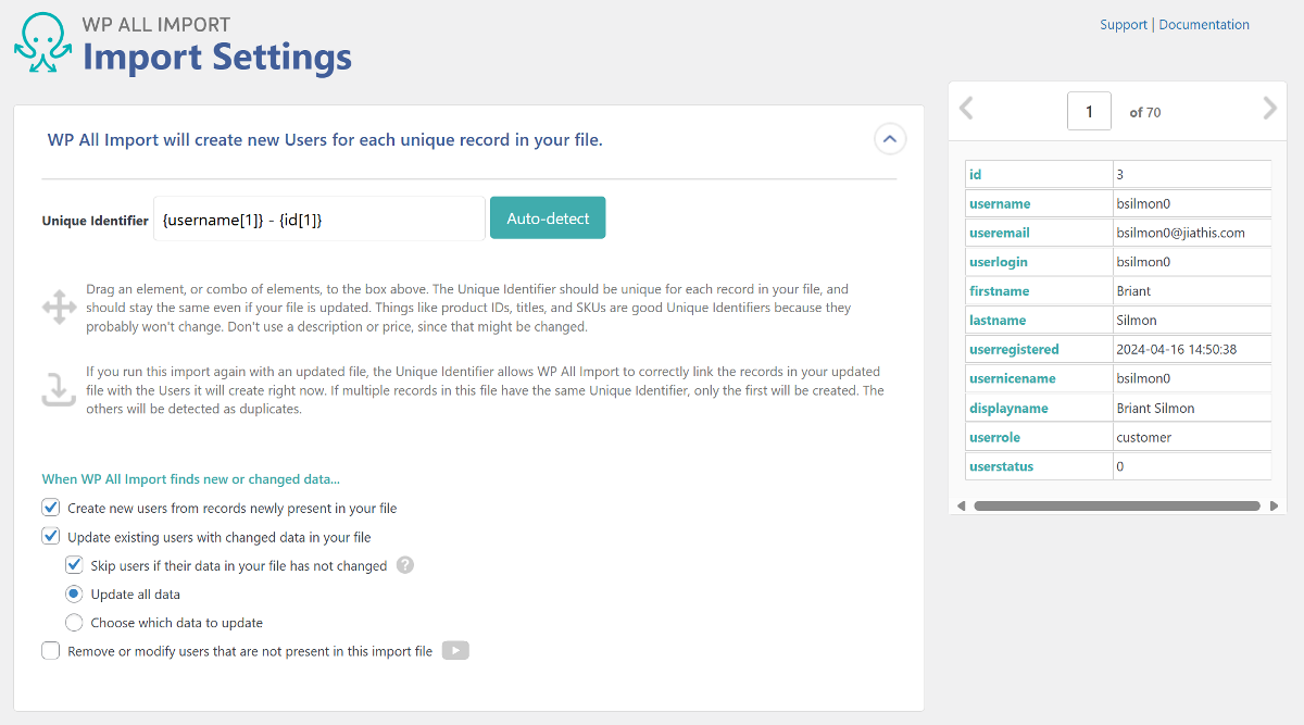The WP All Import screen for Import Settings showing a unique identifier in place.