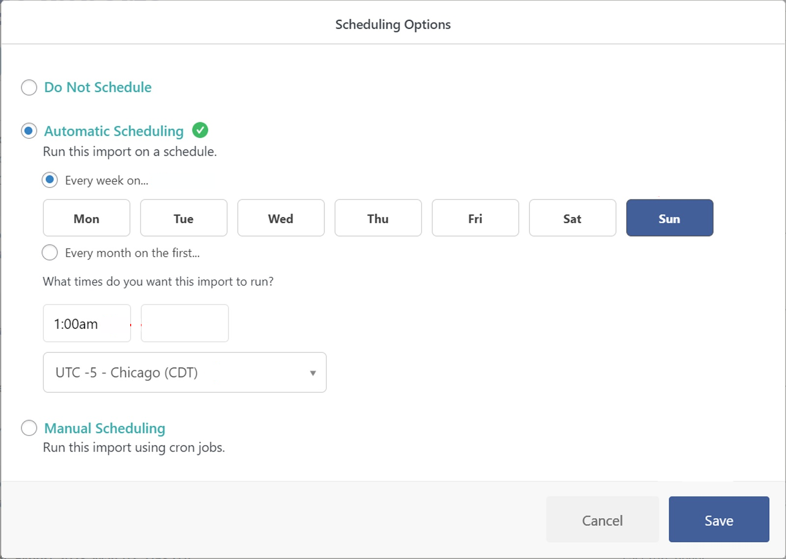 The scheduling options available within WP All Import.