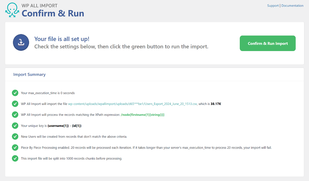 The Confirm and Run screen within WP All Import.