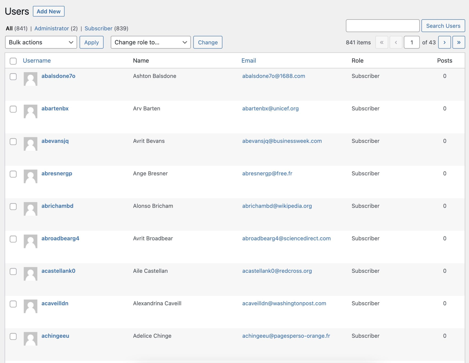 The WordPress Users screen showing a batch of imported user accounts.