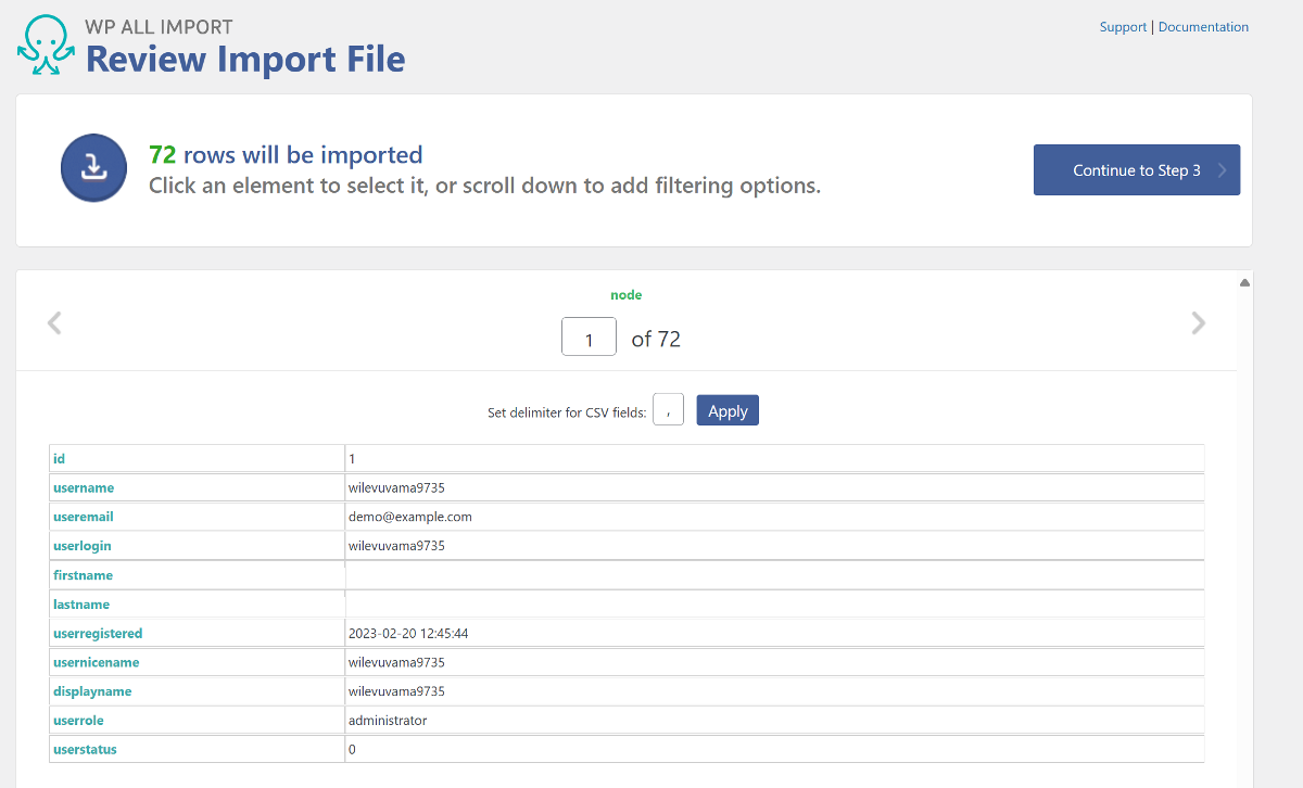 The Review Import File screen within WP All import.