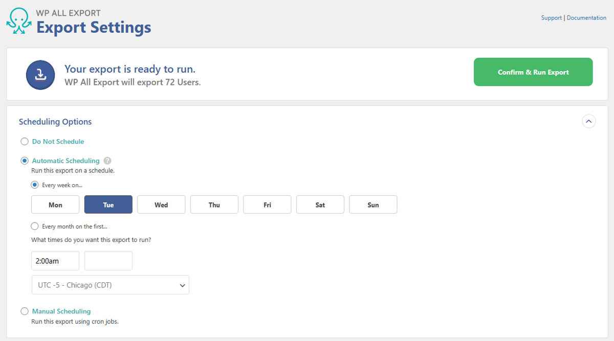 Setting automatic scheduling within WP All Export's export settings.