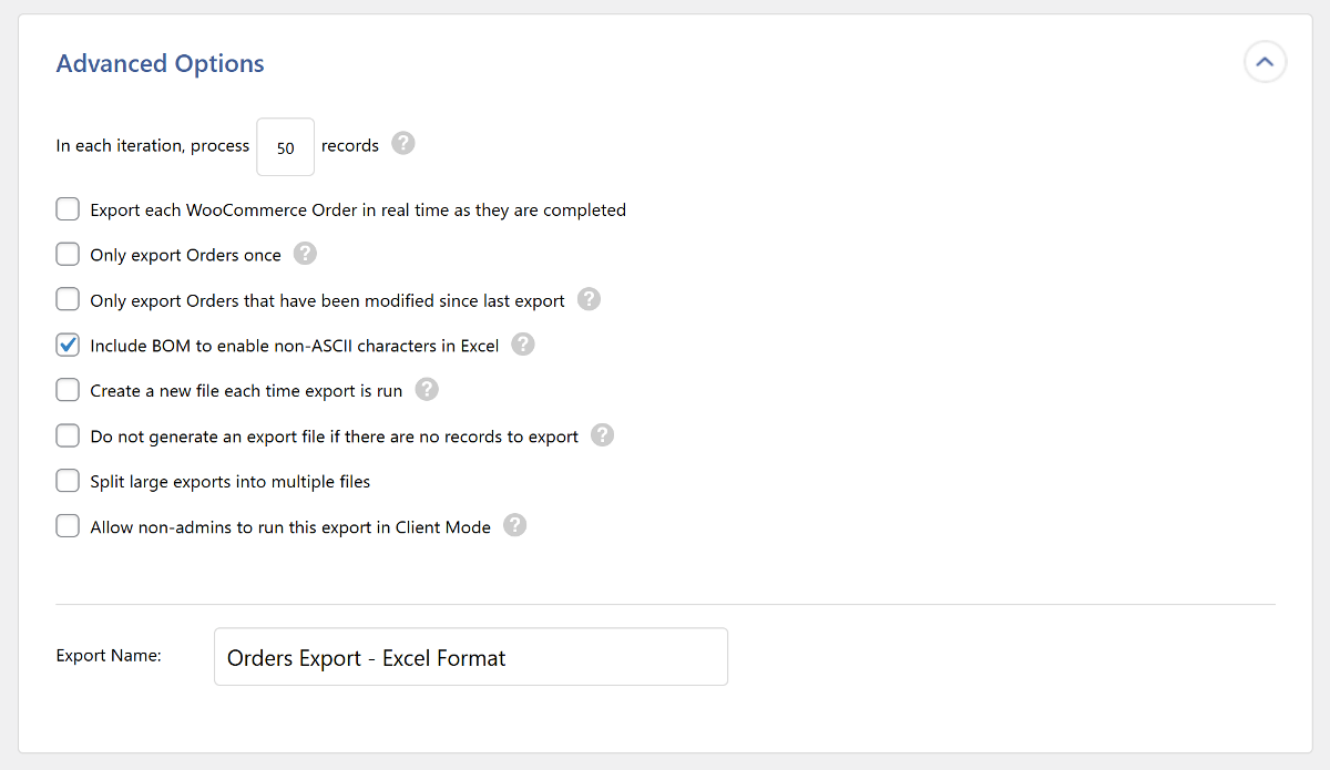 The Advanced Options panel within WP All Export.