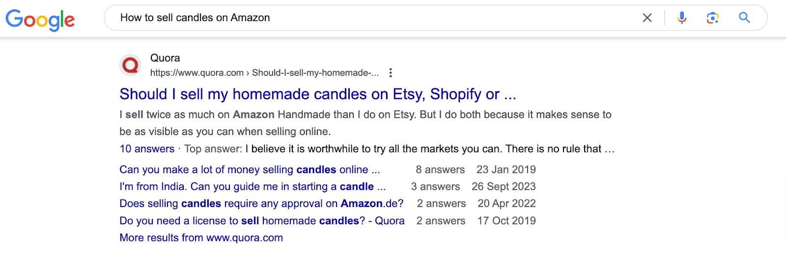 A Google search query showing Quora answers for whether someone should sell candles on Amazon.