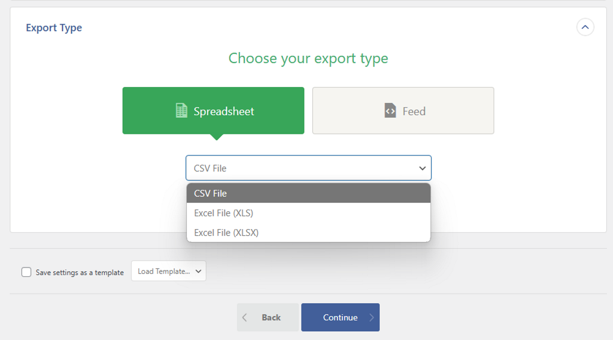 The Export Type panel within WP All Export.