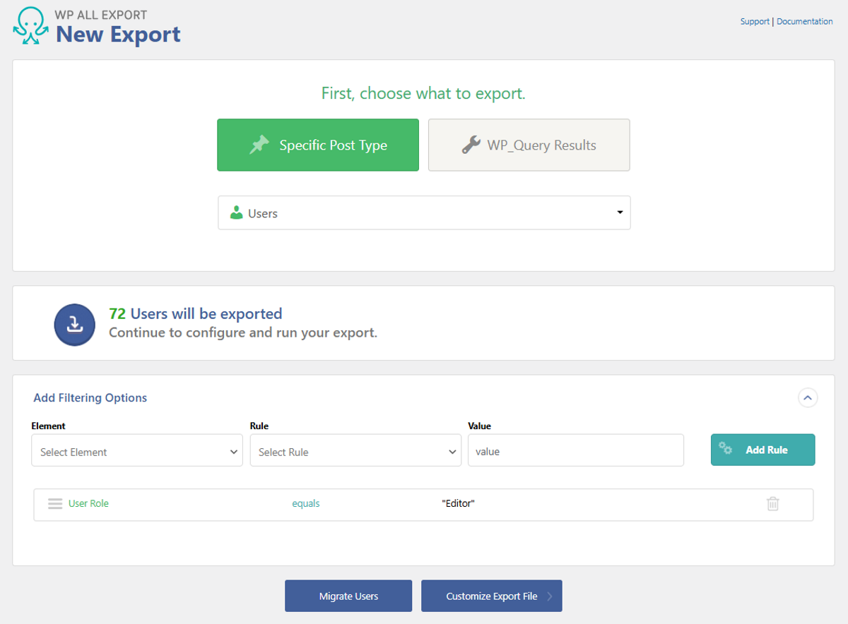 The New Export dialog showing the filtering options with correct values within WP All Export.